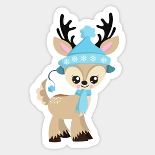 Christmas Reindeer, Cute Reindeer, Blue Hat, Xmas Sticker